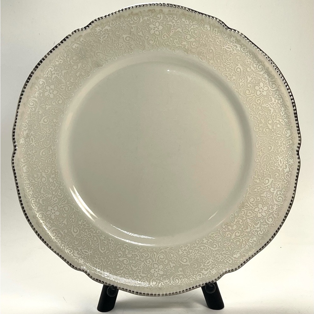 Castleton Filigree Dinner Plate by Interpace Made In USA White Floral Silver Rim